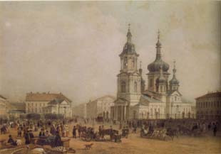 Петербург. Сенная площадь с рынком. Литография 1850-х гг.